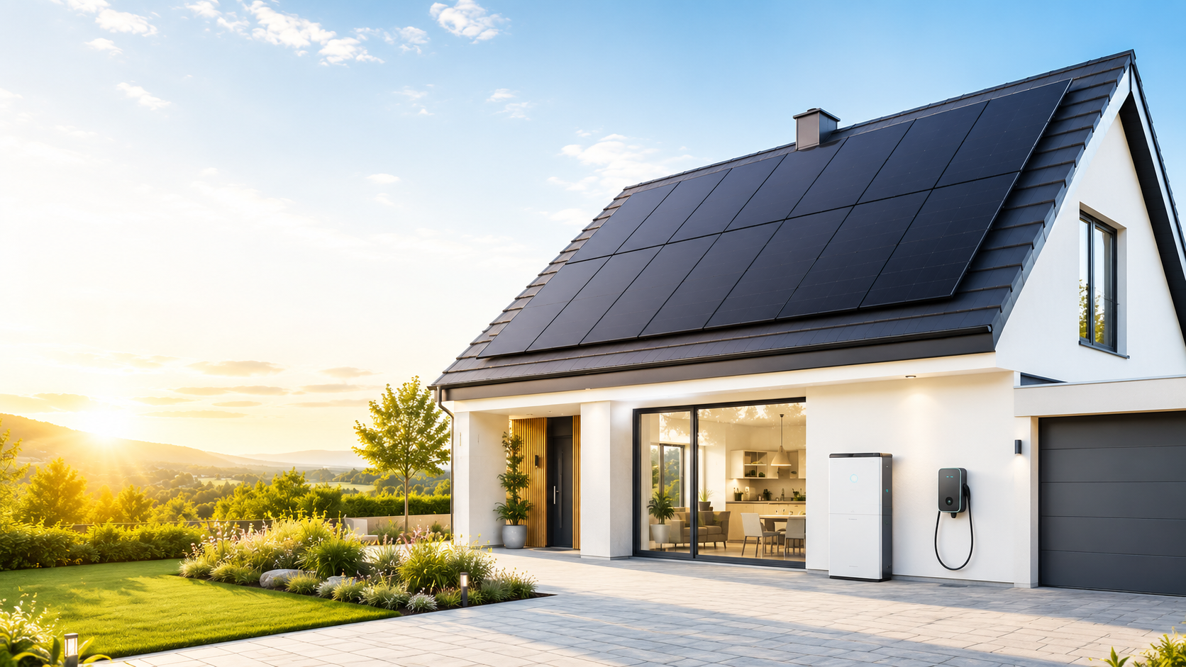 Modernes Einfamilienhaus mit Photovoltaikanlage, Batteriespeicher und E-Auto-Ladepunkt